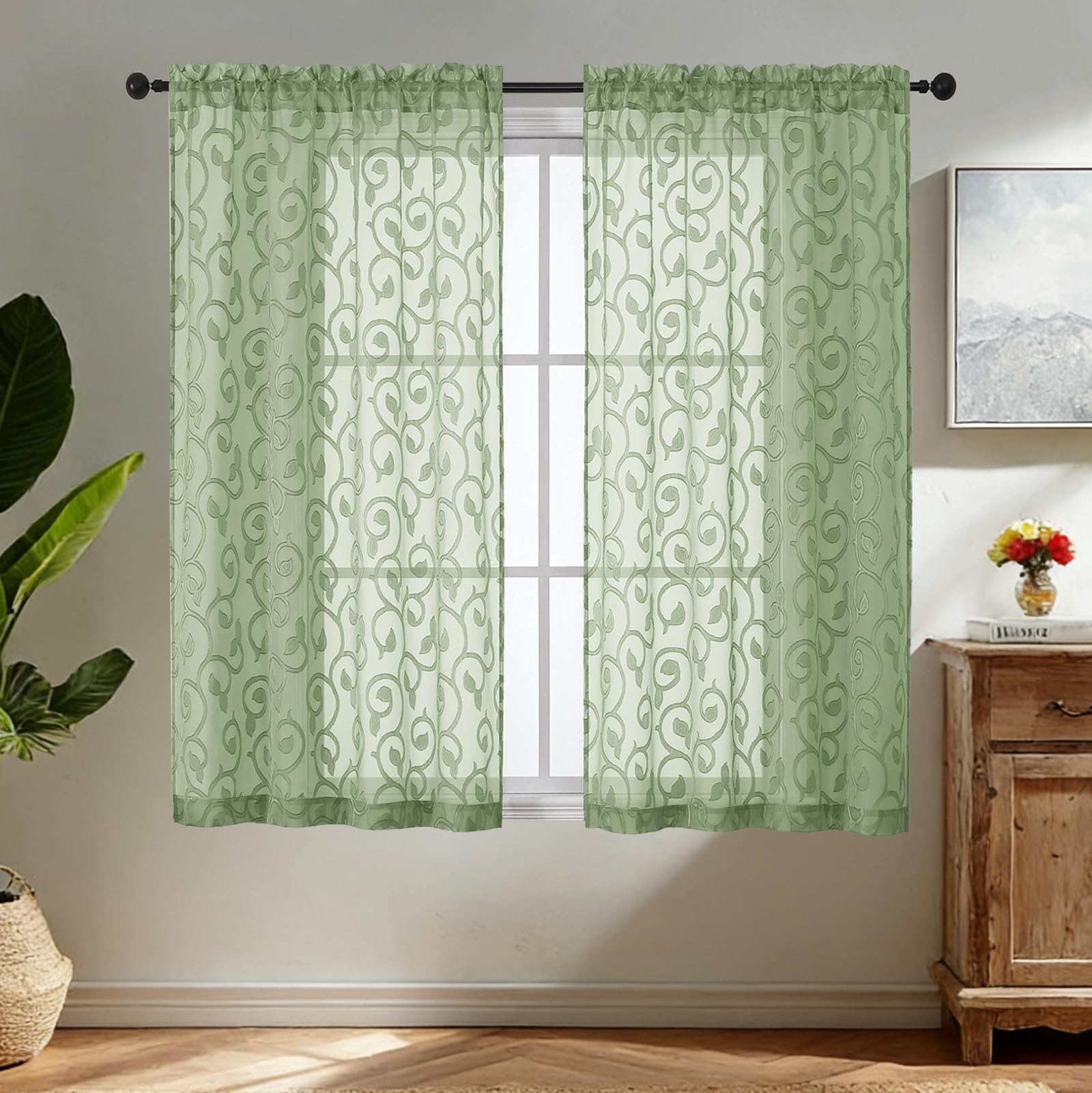 Simplebrand Sage Green Sheer Voile Curtains with Embroidered Pattern, 2 Panels 140x137cm, Dual Rod Pocket Light Filtering Bathroom Window Curtains