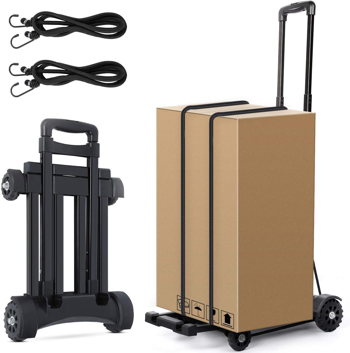 Folding Hand Truck, 132-Pound Capacity Heavy Duty Luggage Cart, 4 Wheels Portable Dolly with Telescopic Stainless Steel Three-fold Handle