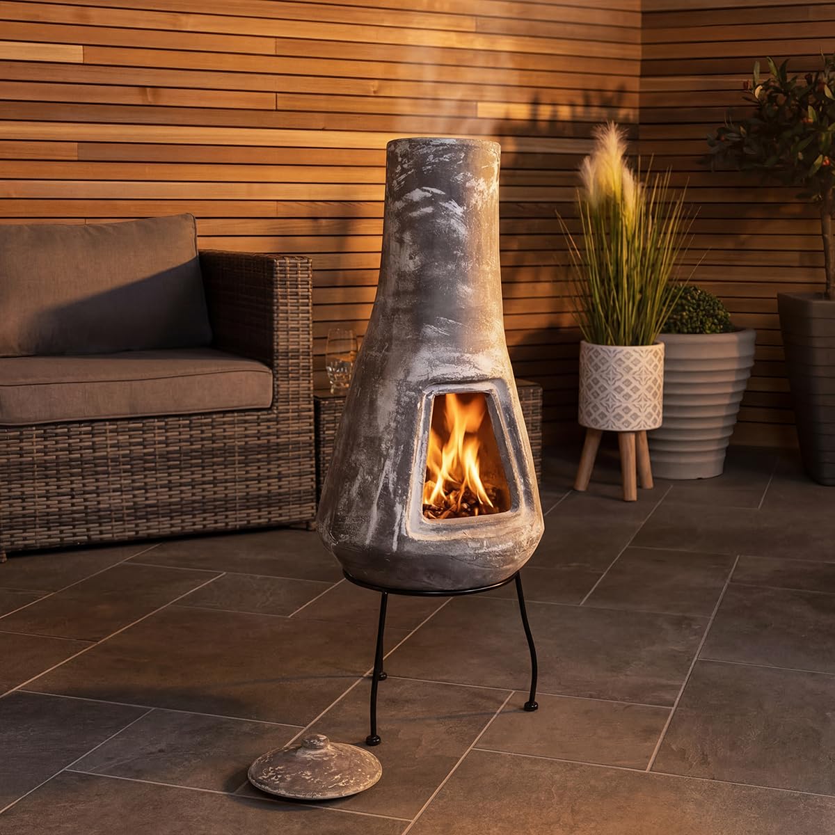 CHARLES BENTLEY Outdoor, Garden, Patio, Smooth Tall, Medium Barcelona Clay Chiminea, Light Grey Finish, Includes Iron Stand & Furnace Lid, Tall Chiminea-Style Patio Heater, Contemporary (87x32cm)