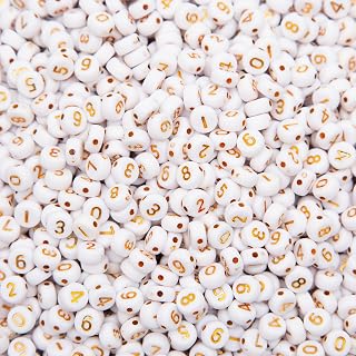 1000Pcs Acrylic Number Beads Round Number Round Beads 4x7mm Mixed Number Beads, for Jewelry Bracelets Necklaces Key Chains Making (White-Gold)