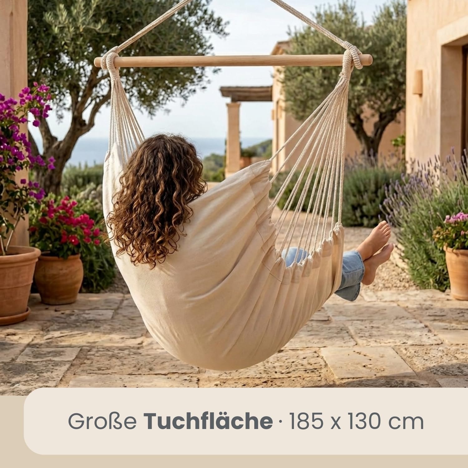 AMANKA XXL Hängesessel Beige 185x130 cm belastbar bis 150kg – Hängestuhl ideal zum Lesen & Entspannen – Hängesitz aus Baumwolle für Drinnen und Draussen ohne Gestell- Schwebesessel für 2