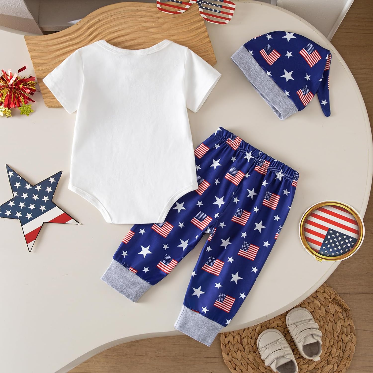 My First 4th of July Baby Boy Outfit Retro Patriotic Romper USA Flag Pants and Hat 3pcs Newborn Clothes