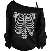 COZYEASE Womens Plus Size Gothic Skull Graphic Tees Asymmetrical Neck Long Sleeve T Shirt Loose Y2K Tops