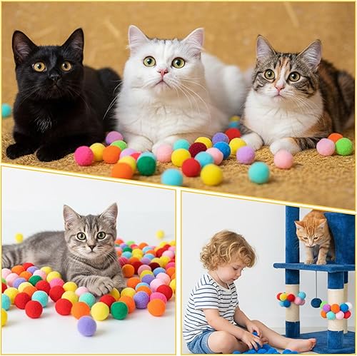 Miniatura 5 de Larrel 100 juguetes de bola de soplo para gatos, bolas suaves de pompones para gatos, lindos pompones para gatos en interiores, juegos de gatitos,