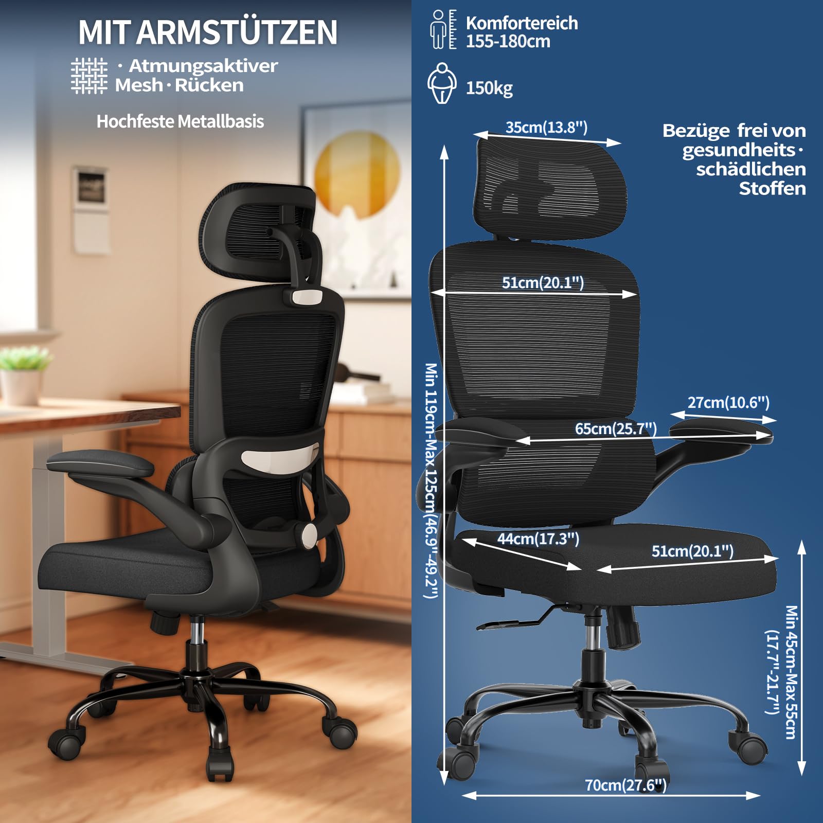 TRALT Sedia da ufficio ergonomica – Sedia da ufficio con supporto lombare regolabile, poggiatesta da gaming, sedia da ufficio, sedia da scrivania,casa,ufficio,ergonomica nero