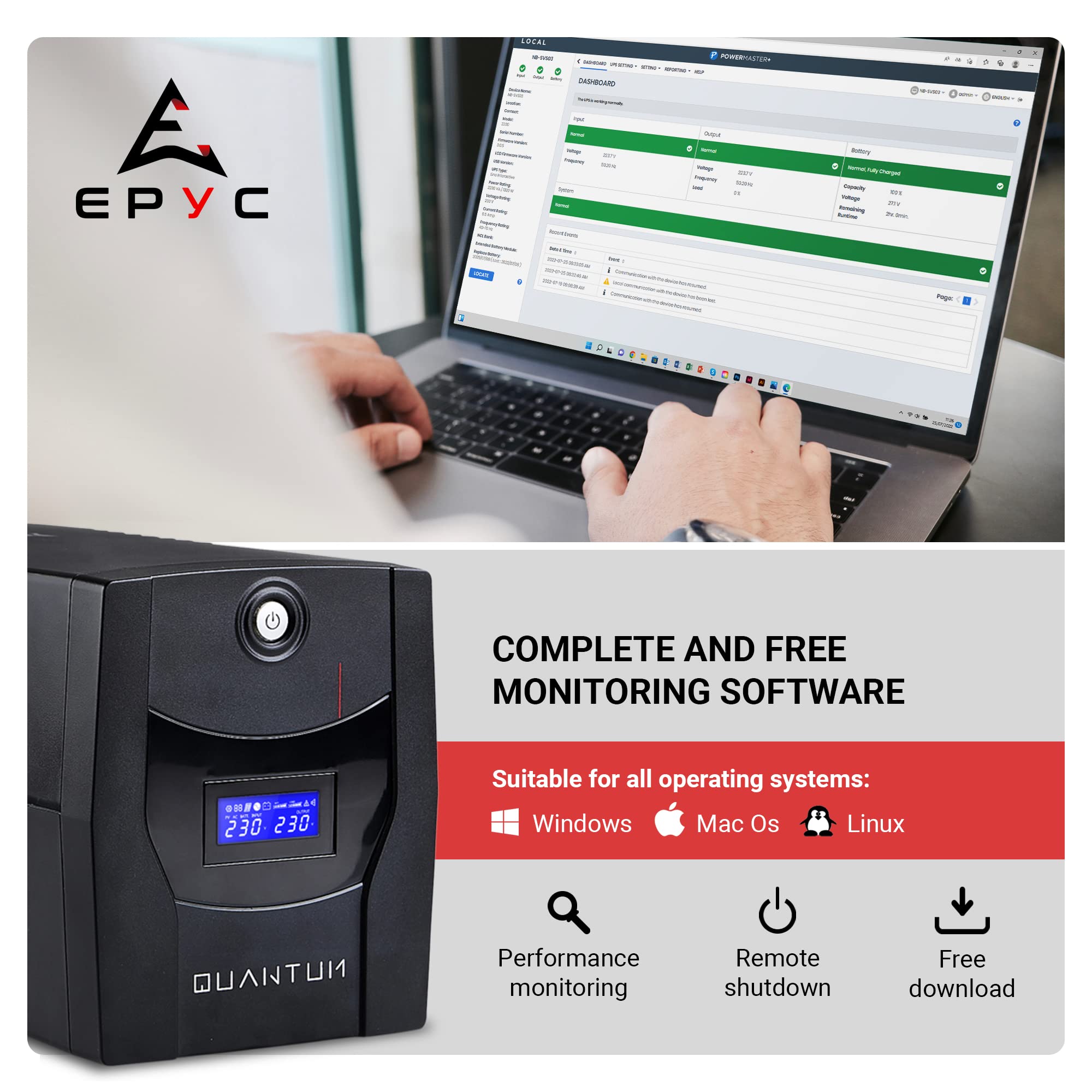 EPYC Quantum – Onduleur pour PC, Puissance 2200VA / 1320Watt, UPS pour Ordinateur, 5 Prises (2 x Schuko + 3 x IEC), Écran LCD, UPS Line Interactive