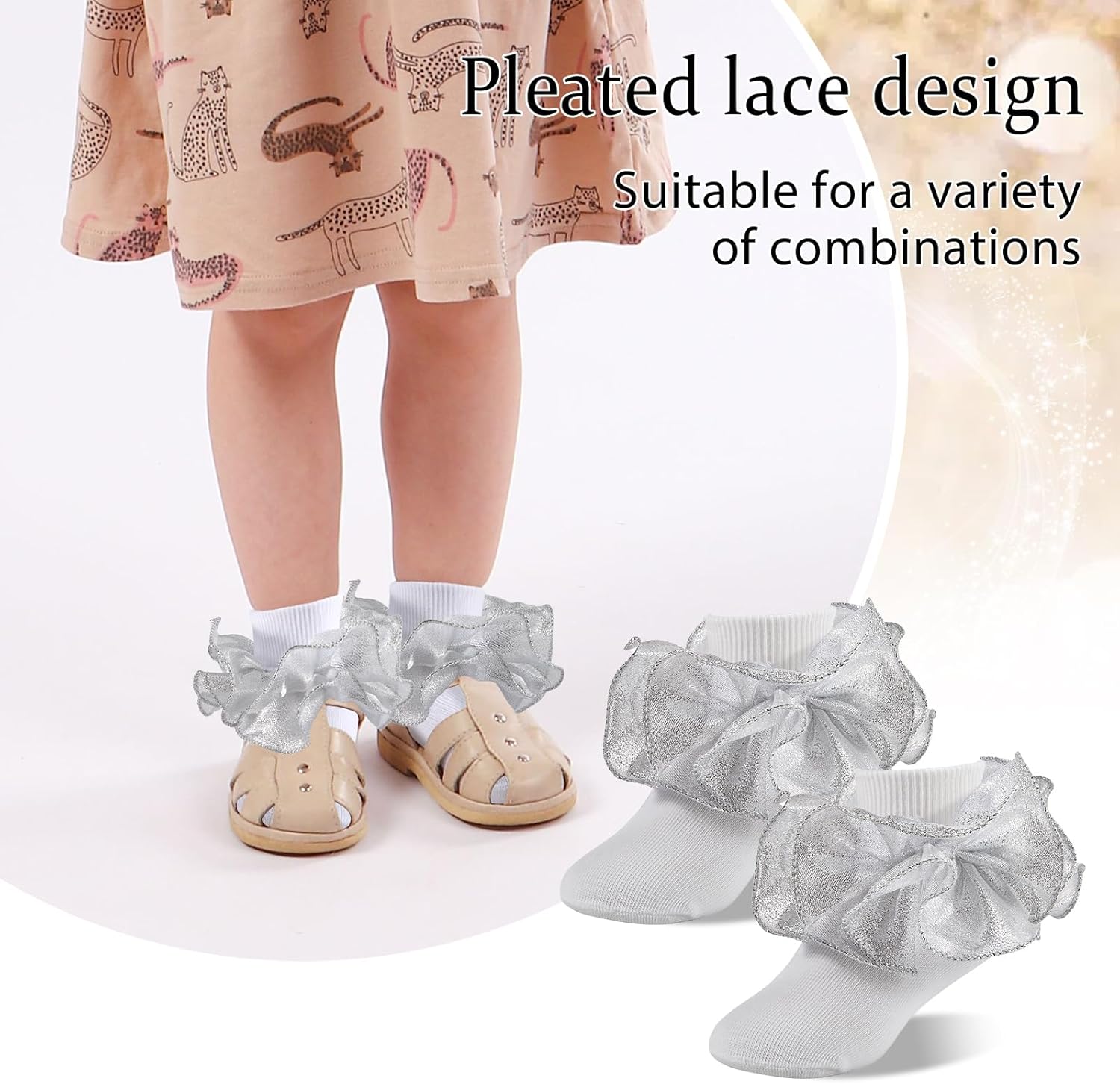 Girls Ruffle Socks Toddler Girl Gold Silver Glitter Double Lace Frilly Dress Socks Turn Cuff Sparking Pageant Sock - Image 4