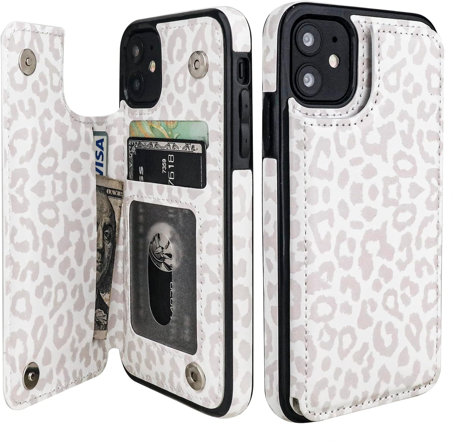 HAOPINSH for iPhone 11 Wallet Case with Card Holder, White Leopard Cheetah Pattern Back Flip Folio PU Leather Kickstand Card Slots Case for Women Girls, Double Magnetic Clasp Shockproof Cover 6.1"