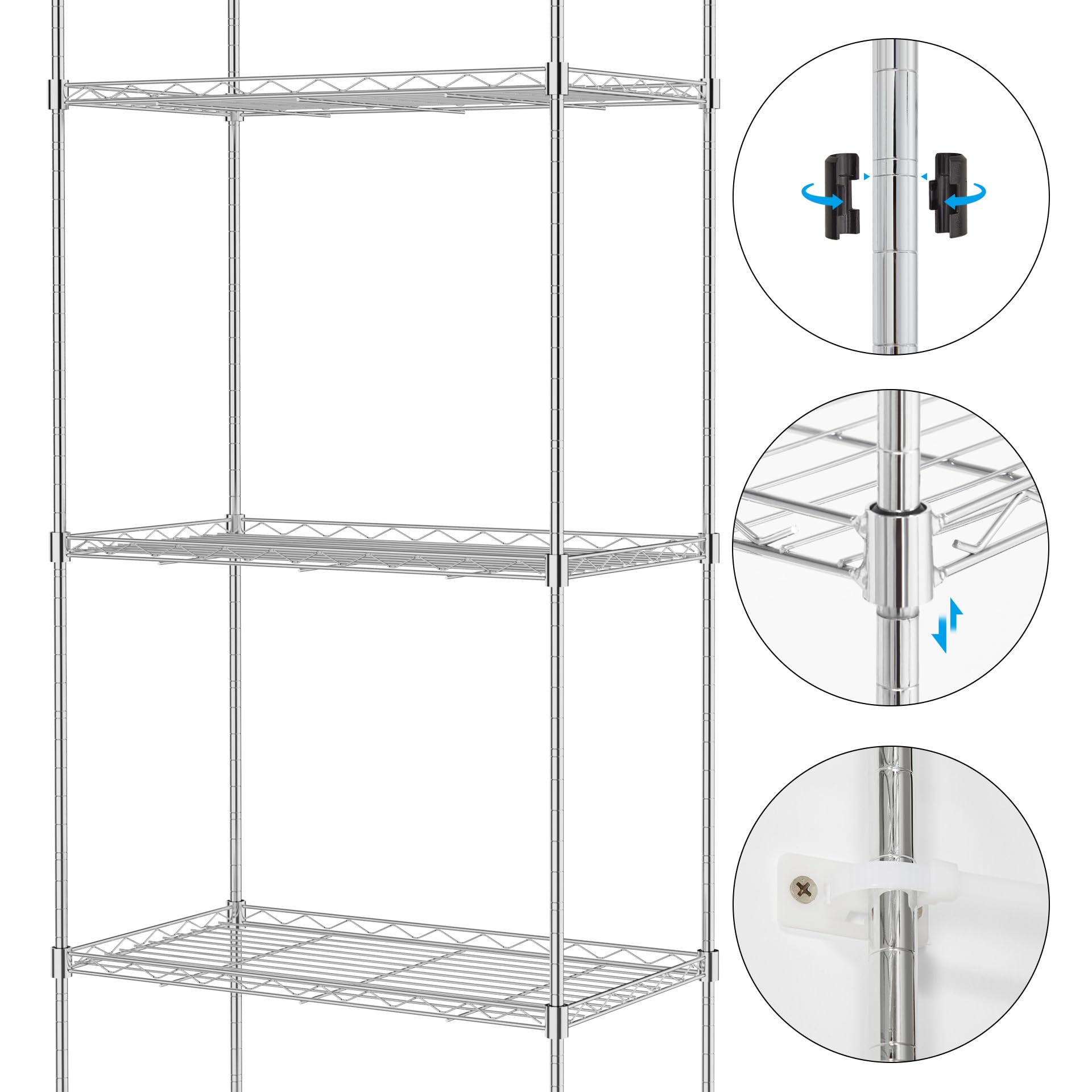 Mondeer Scaffale, Scaffale Portaoggetti in Metallo, 6 Livelli, con 8 Ganci, Regolabile in Altezza, Utilizzabile in Cucina,Bagno,Soggiorno, Balcone, Argento