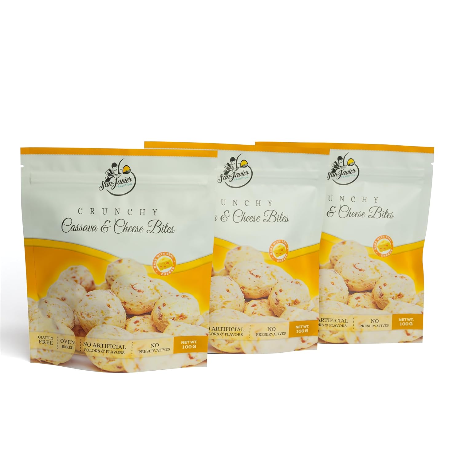 Crunchy CASSAVA & CHEESE BITES by San Javier Tradition ** PACK OF 3** 100 G . bag +++Oven Baked * Gluten-Free * 100% Natural Ingredients * NO Preservatives * NO Artifical Colors or Flavors * Guilt-free snack. * Family Recipes * Cheese Lovers * Vegetal Snack (3)