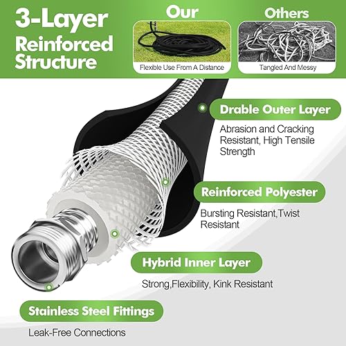 Miniatura 3 de SPECILITE Manguera de jardín de 58 pulgadas de 50 pies con boquilla de alto flujo, manguera de agua de goma híbrida flexible y resistente para