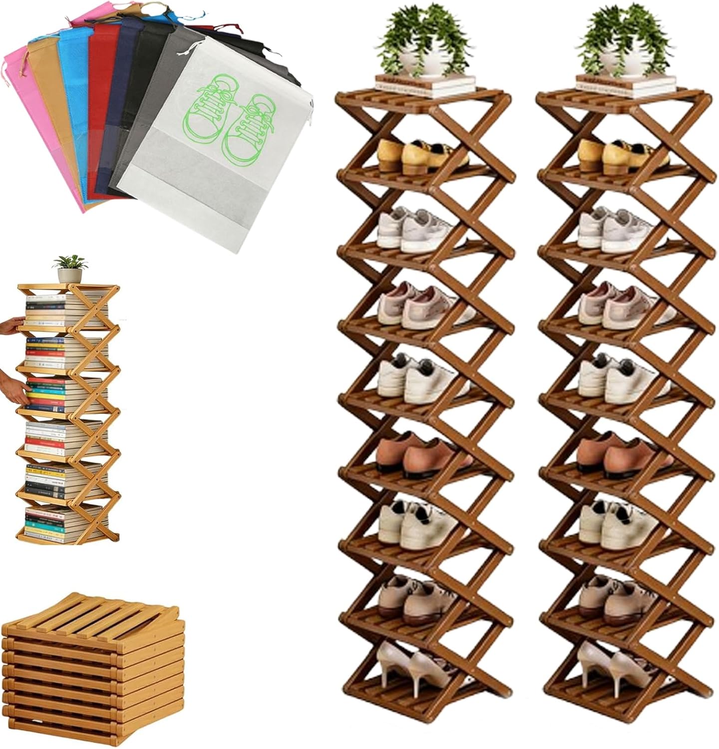 Bamboo Rack for Shoes, The 9-Tier No-Assembly Bamboo Rack, Foldable Space-Saving Organizer with Shoe Storage Bag, Holds 10+ Pairs, for Entryway Closet Dorm (2pcs Brown)