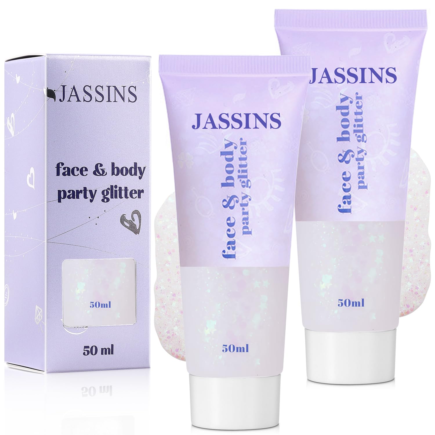JASSINS 2PCS Body Glitter, 100ml White Face Glitter for Women Girls Kids, Glitter Gel Makeup Tween Gifts, Singer Concerts Festival Rave Accessories,