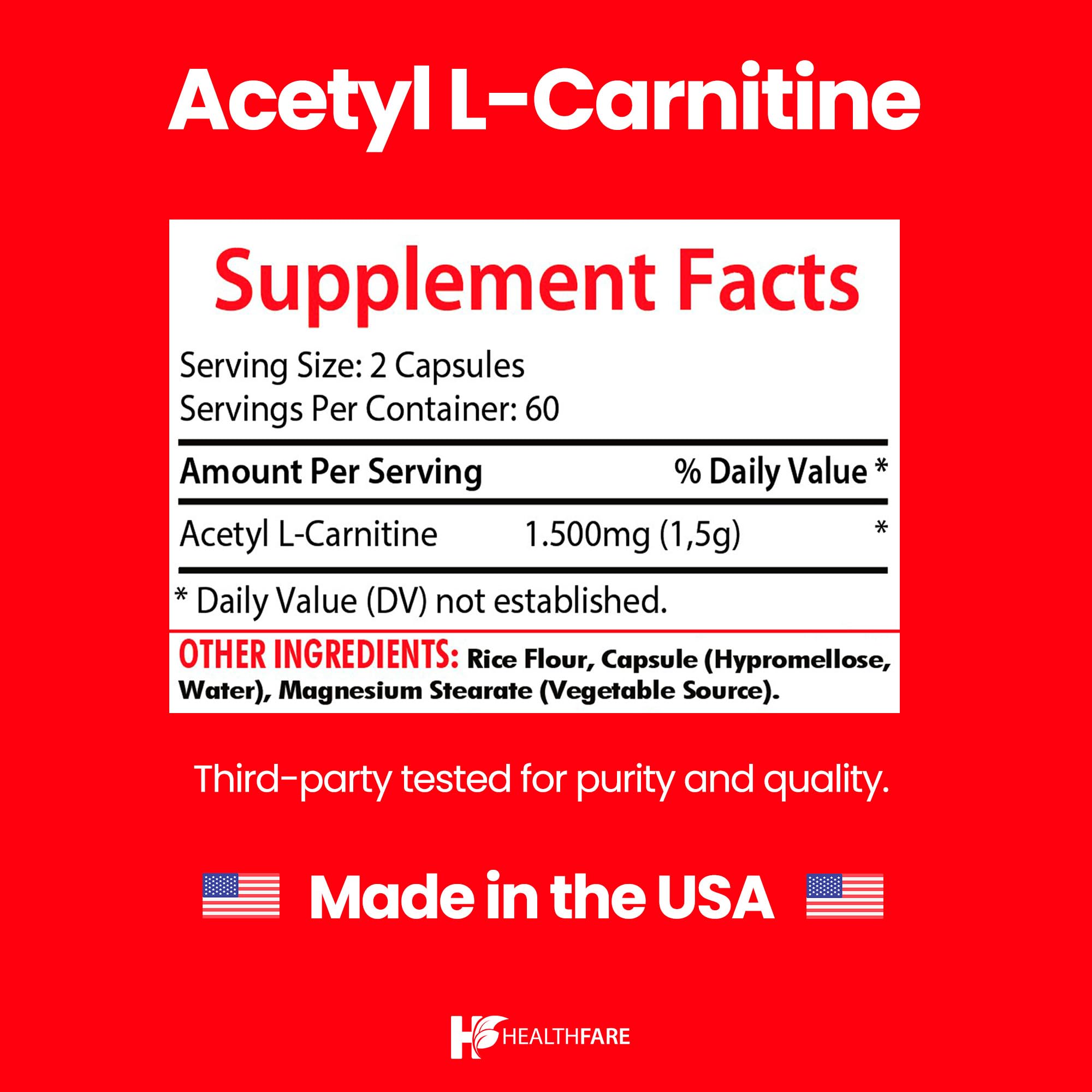 Healthfare Acetyl L-Carnitine 1500mg (ALCAR) | 120 High Potency Vegetarian Capsules | Brain, Focus & Memory Support Supplement | Non-GMO, Gluten-Free, Made in USA — Amazon image 3