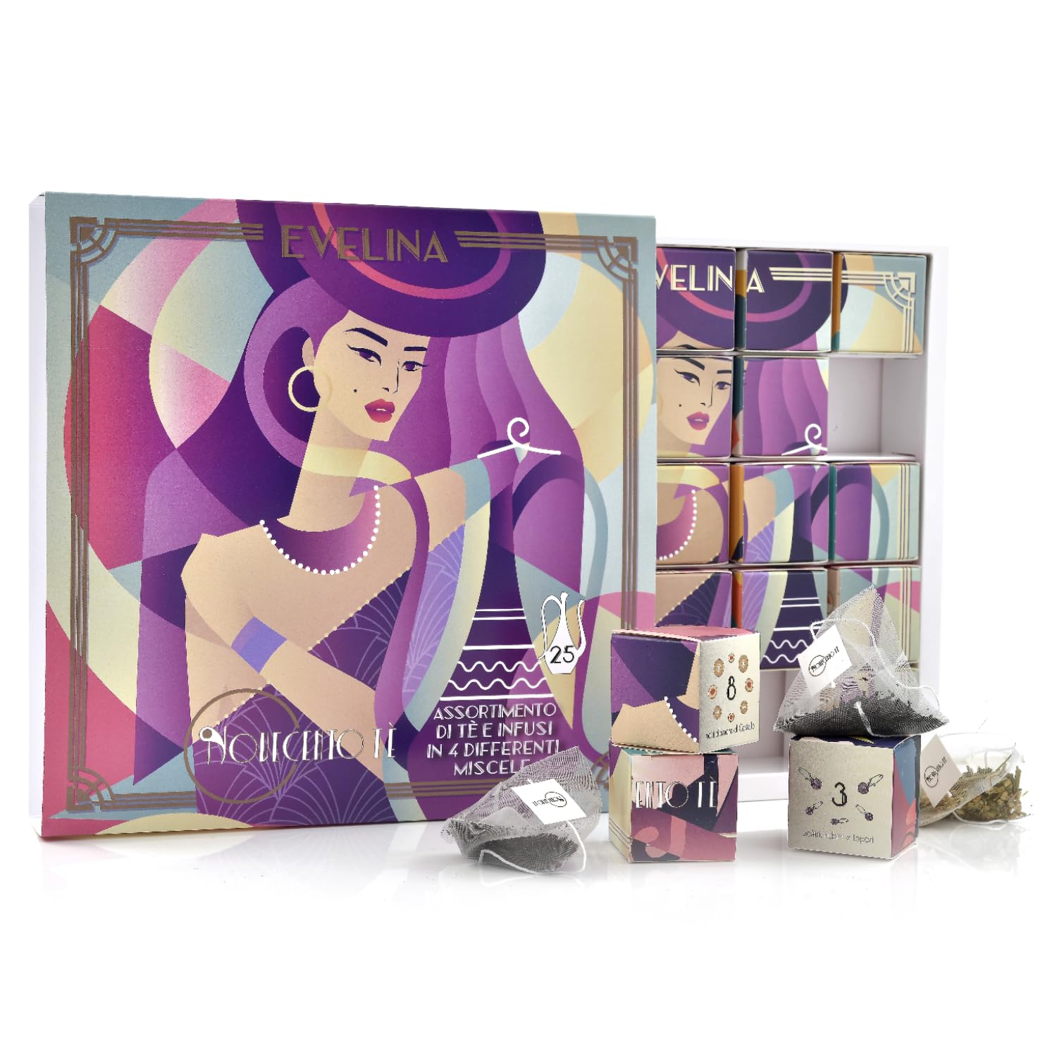 Novecento Tè Evelina - Confezione regalo per tisane, tisane assortite, 4 gusti: tè nero, tè oolong, tè verde, infuso di citronella, 25 infusi per infusione, confezione regalo per tè