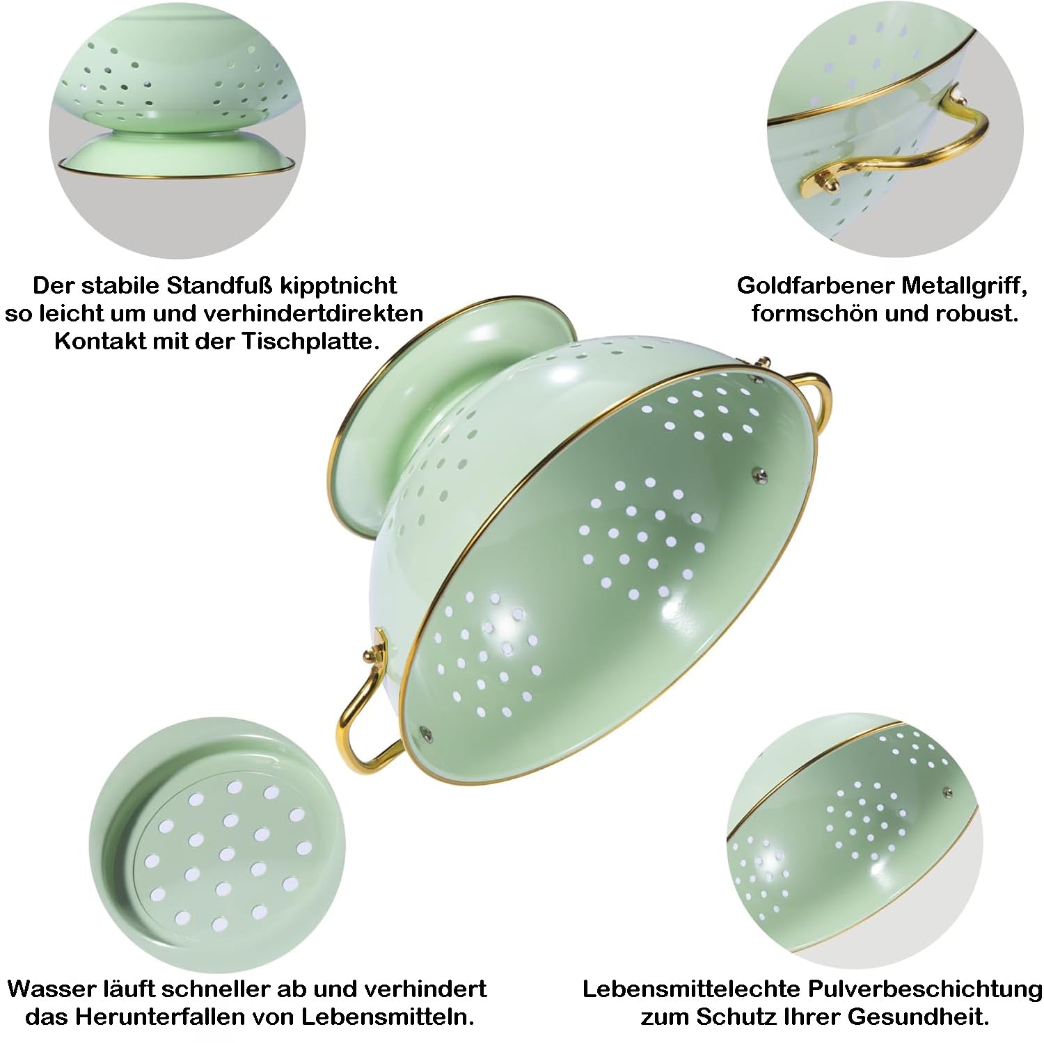 Sieb 3er-Set, Metall Nudelsieb Küchensieb mit Griff und Boden – 16cm & 23cm & 28cm, Abtropfsieb Seiher für Nudeln Obst Gemüse, Spülmaschinenfest (Grün)