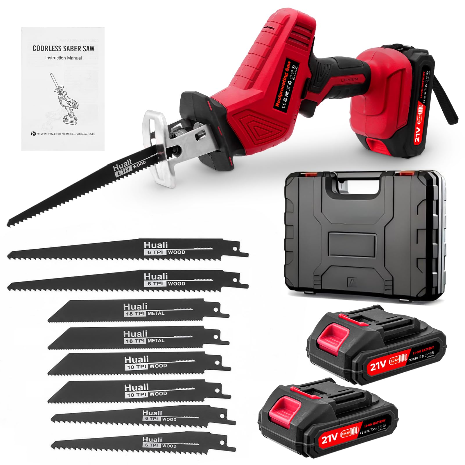 21V Reciprocating Saw, 0-4000 RPM Variable Speed Red Reciprocating Saws with 2 Batteries, Electric Cordless Wood Saw, Electric Saws to Cut Metal for PVC Cutting, 8 Blades
