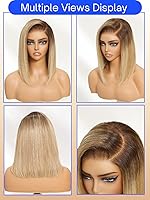 Vista 4 de Nadula Peluca Bob de cabello humano rubio degradado sin pegamento, encaje frontal HD de 7 x 5 pulgadas, Bye Bye Knots, predepilada, precortada