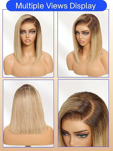 Miniatura 4 de Nadula Peluca Bob de cabello humano rubio miel ombré sin pegamento, encaje frontal HD de 7x5, Bye Bye Knots, predepilada, precortada, nudos