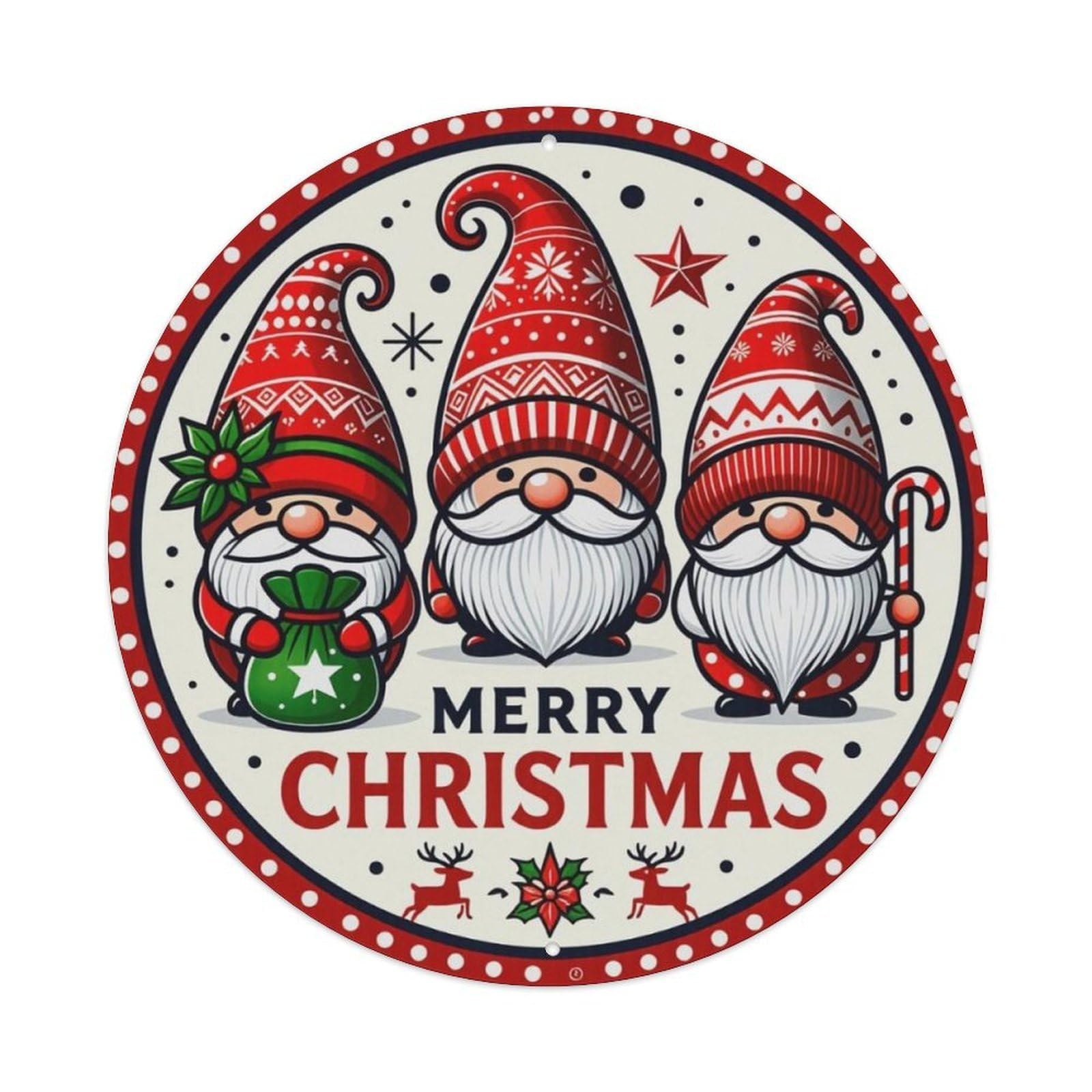 Three Christmas Gnomes Merry Christmas Round Sign Vintage Aluminium Metal Sign, Retro Wall Decor for Home, Bar, Garage & Farmhouse 20x20cm