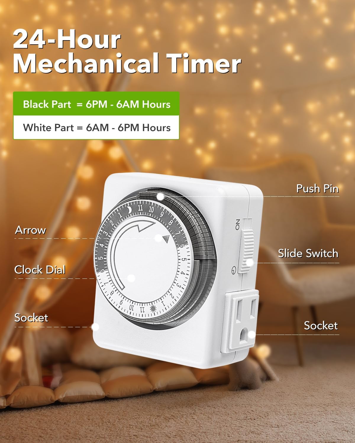 Diagram of the HBN U56B timer with labels for Push Pin, Arrow, Clock Dial, Socket, and Slide Switch.