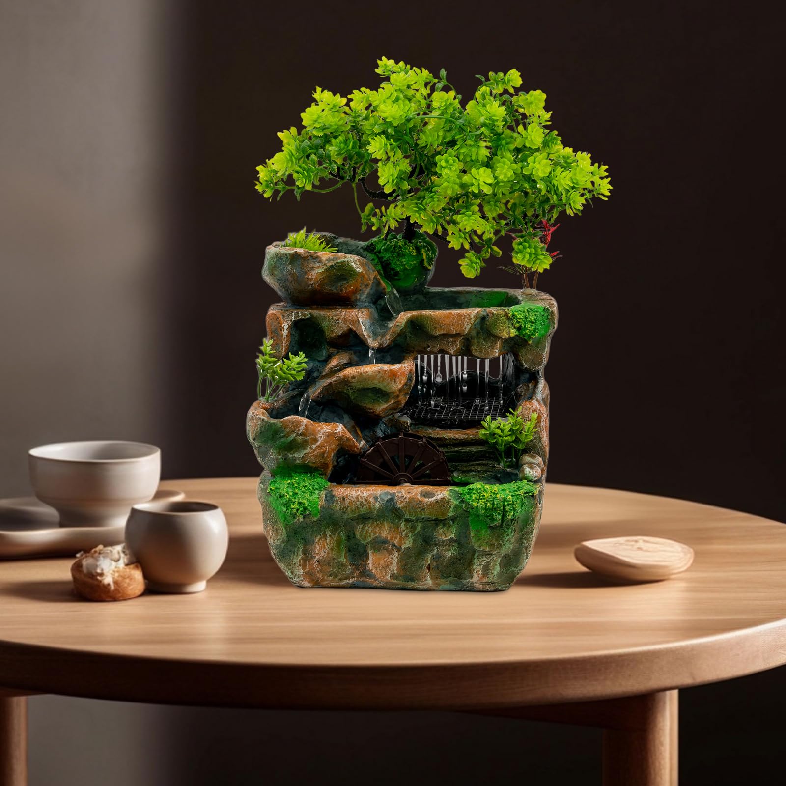Zen Fuente de Mesa con Luz LED Feng Shui Cascada Interior Fuente de Resina Relajante Decoración de Habitación para Salón Oficina H 30cm