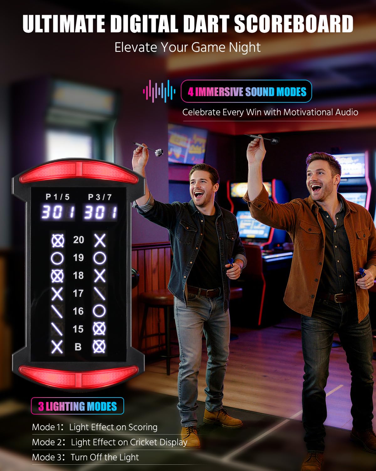 Yirinatek Jeu de Flechette Electronique, [12*Bronze Fléchettes] Cible Flechette Electronique, Armoire à Portes en Bois Rustique, Affichage LED 8 Couleurs, Jeux Flechette - 4