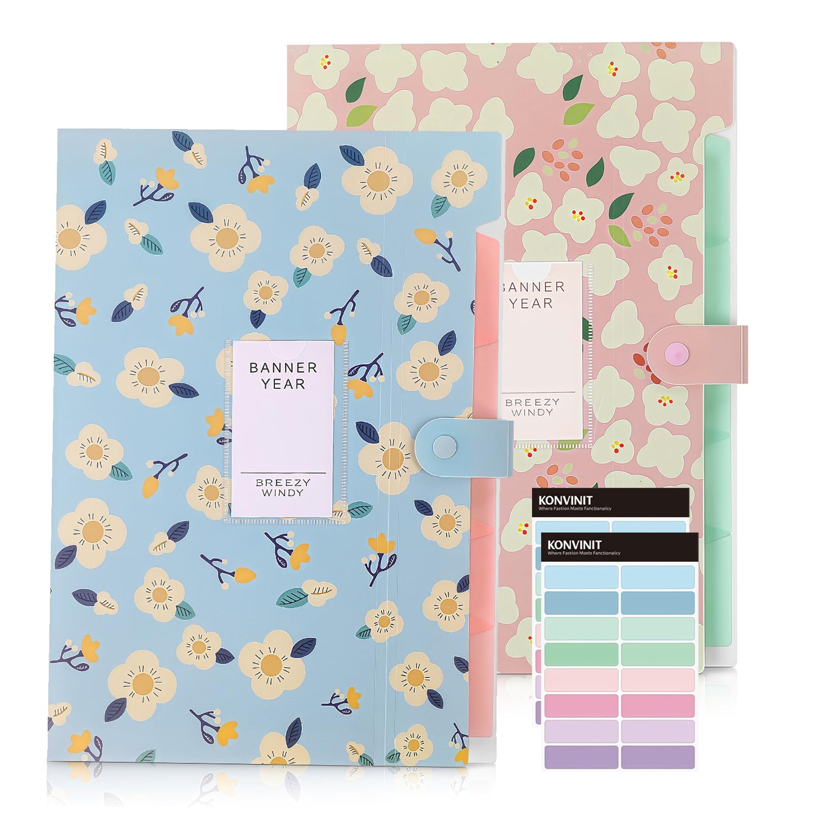 KONVINIT 2 Pack Expanding File Organiser A4 Expanding File Folder with 5 Pockets Floral Printed High Capacity Document Organiser with Snap Button for Classroom Home Office Blue&Pink