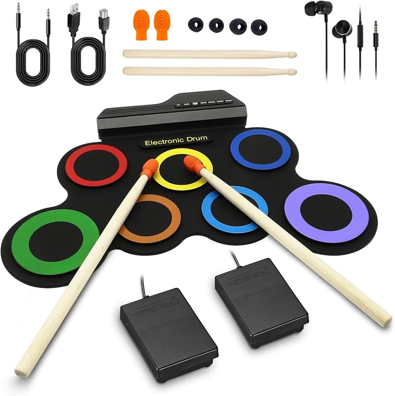 Portable Electronic Drum Set - 7 Pads Roll up Drum Practice Pad with Pedals & Stick, Headphone, Jack in Drum Set Kit for Kids and Adults, Great Holiday Christmas & Birthday Gift