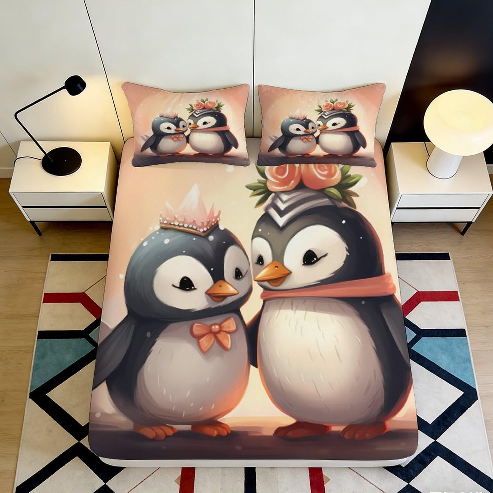 3D Printed Cute Penguins Fitted Sheet Microfiber Soft Breathable Romantic Couple Mattress Cover for Bedroom Dormitory Guest Room Mattress Protection 90x200x25cm
