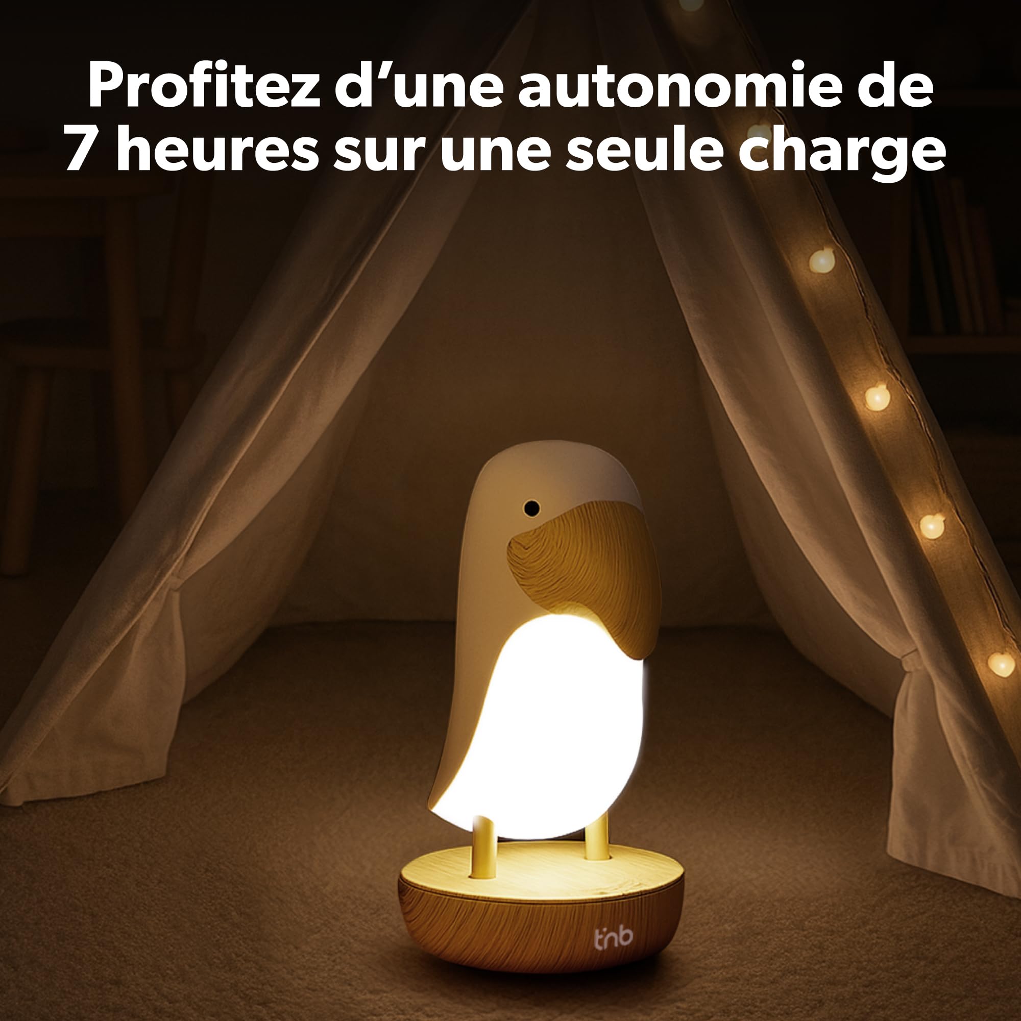 T'nB – Luz nocturna con sonidos relajantes, 6 ruidos naturales para la relajación, control remoto, temporizador 30 min, brillo ajustable, modo de respiración, carga USB – Tucán blanco