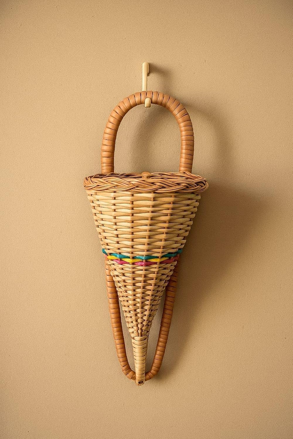 Handwoven Cane Wall Hanging Basket, Cone Shape, with Arch Handle, Multicolour Accent Weave-image-20