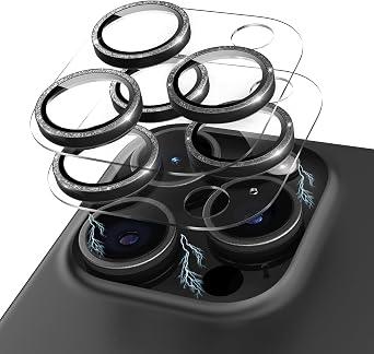 Compatible for iPhone 16 Pro Max/iPhone 16 Pro/iPhone 14 Pro/iPhone 14 Pro Max Camera Lens Protector Glitter, Clear 9H Tempered Glass Glitter Black+Black