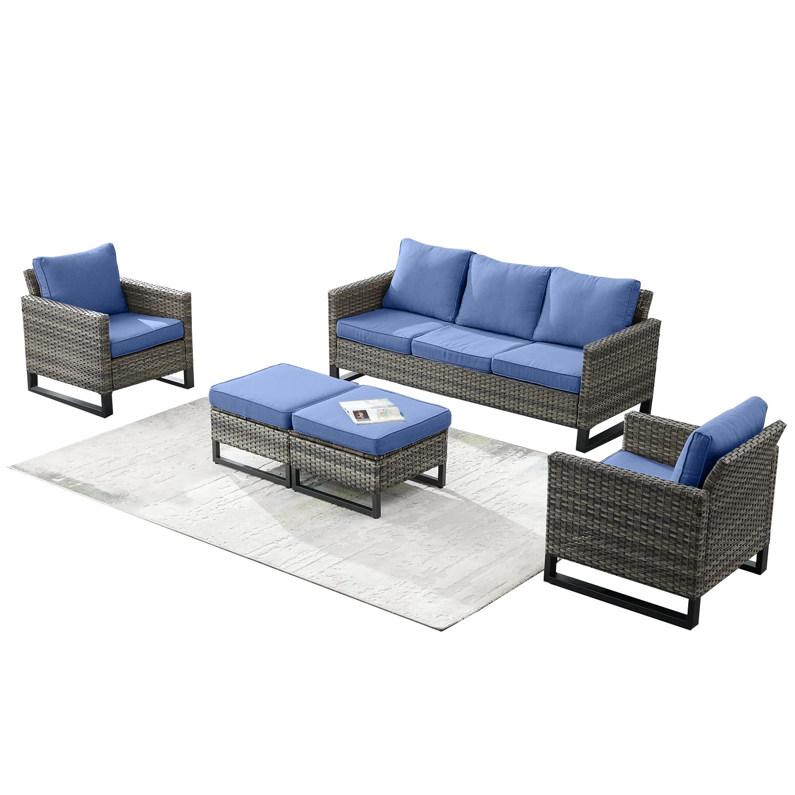 Rilyson Wicker Outdoor Patio Furniture Set - 5 Piece Patio Conversation Set with 2 Wicker Armrest Chairs,2 Rattan Ottoman and 1 Couch for Outside