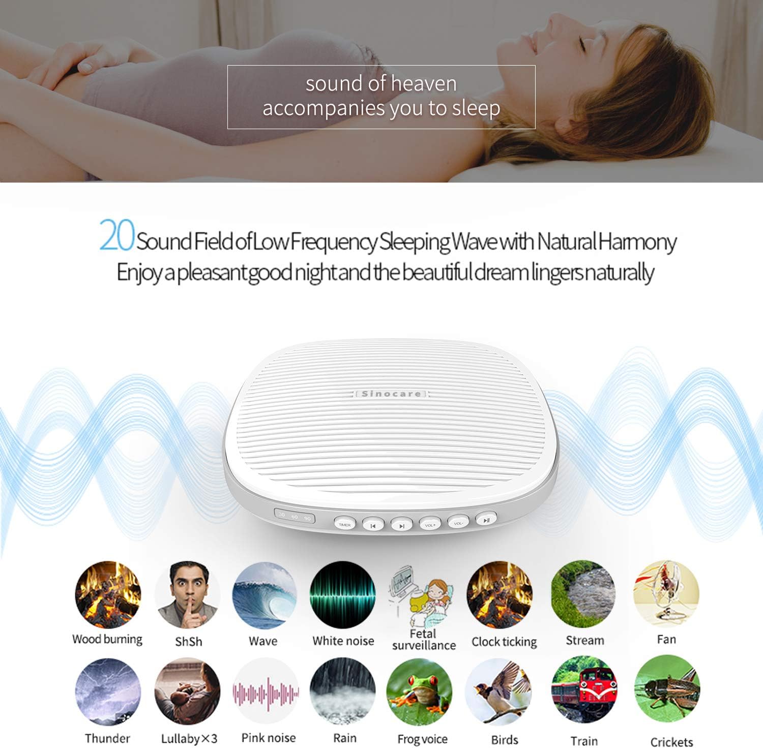 White Noise Machine - Sinocare Sound Machine with 20 Natural Sounds and Multiple Volume Levels Powered by USB, Portable Sleep Therapy Machine for Baby/Adults Sleeping or Relaxing at Home and Office