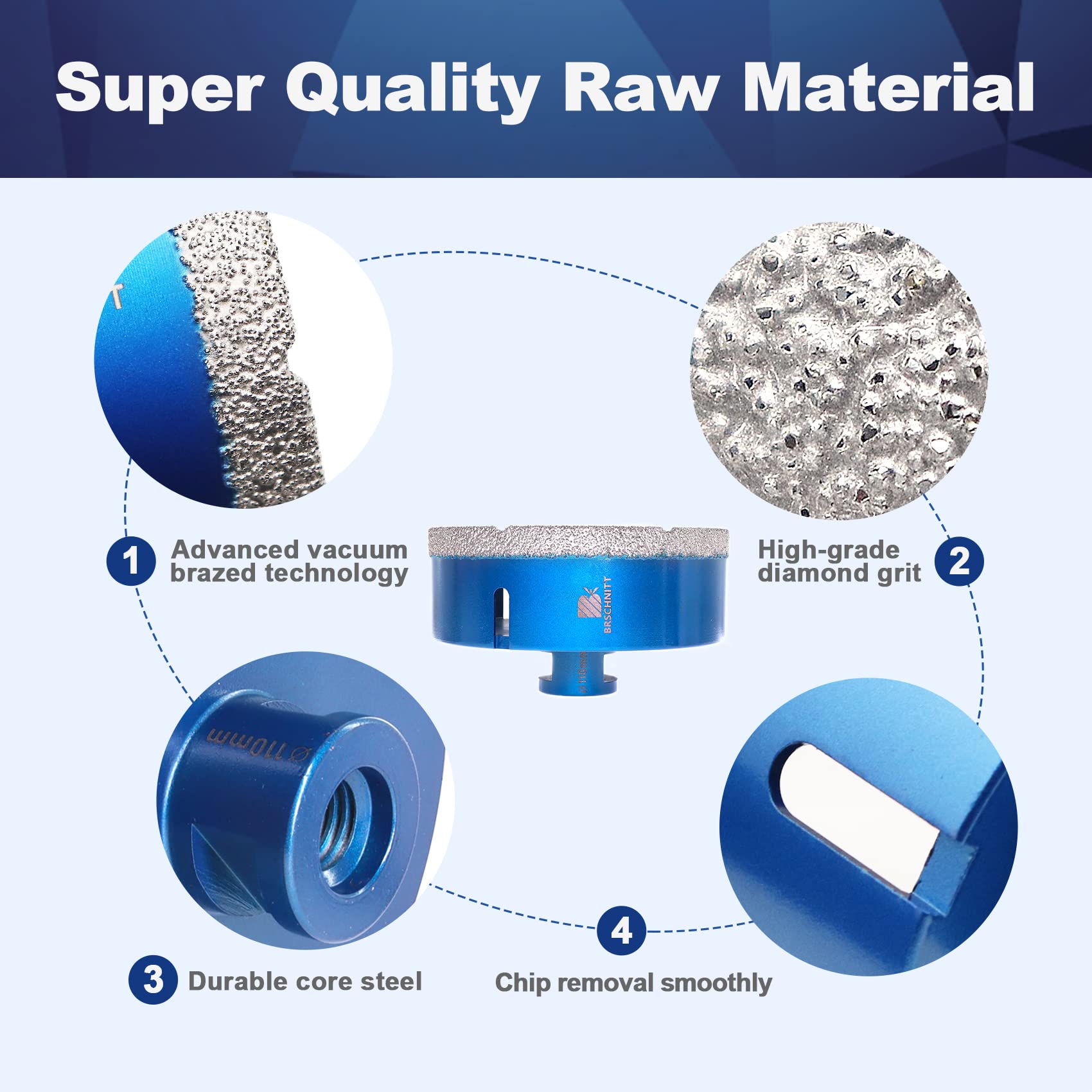 Broca de Diamante 110MM - BRSCHNITT Vacío Soldadura para Perforación en Seco Porcelana Azulejo Granito Mármol M14
