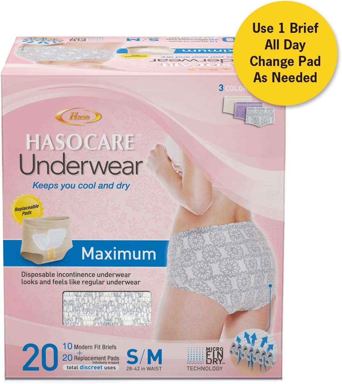 HASOCARE Breathable Incontinence Underwear for Women, Maximum Absorbency, Samll/Medium, 10 Disposable Briefs + 20 Replacement Pads