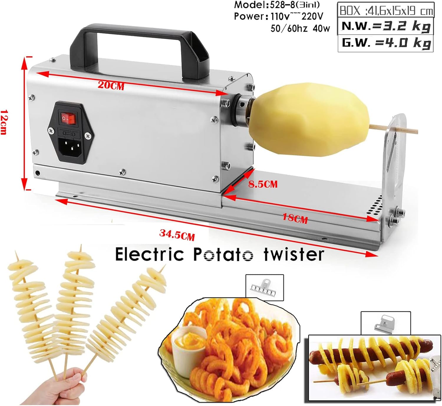 Multifunction Potato Tower Machine, 40W Electric Tornado Potato Slicer, 3 Blade Modes, Stainless Steel Material, for Restaurant Potatoes Commercial Home Potatoes,Zucchini