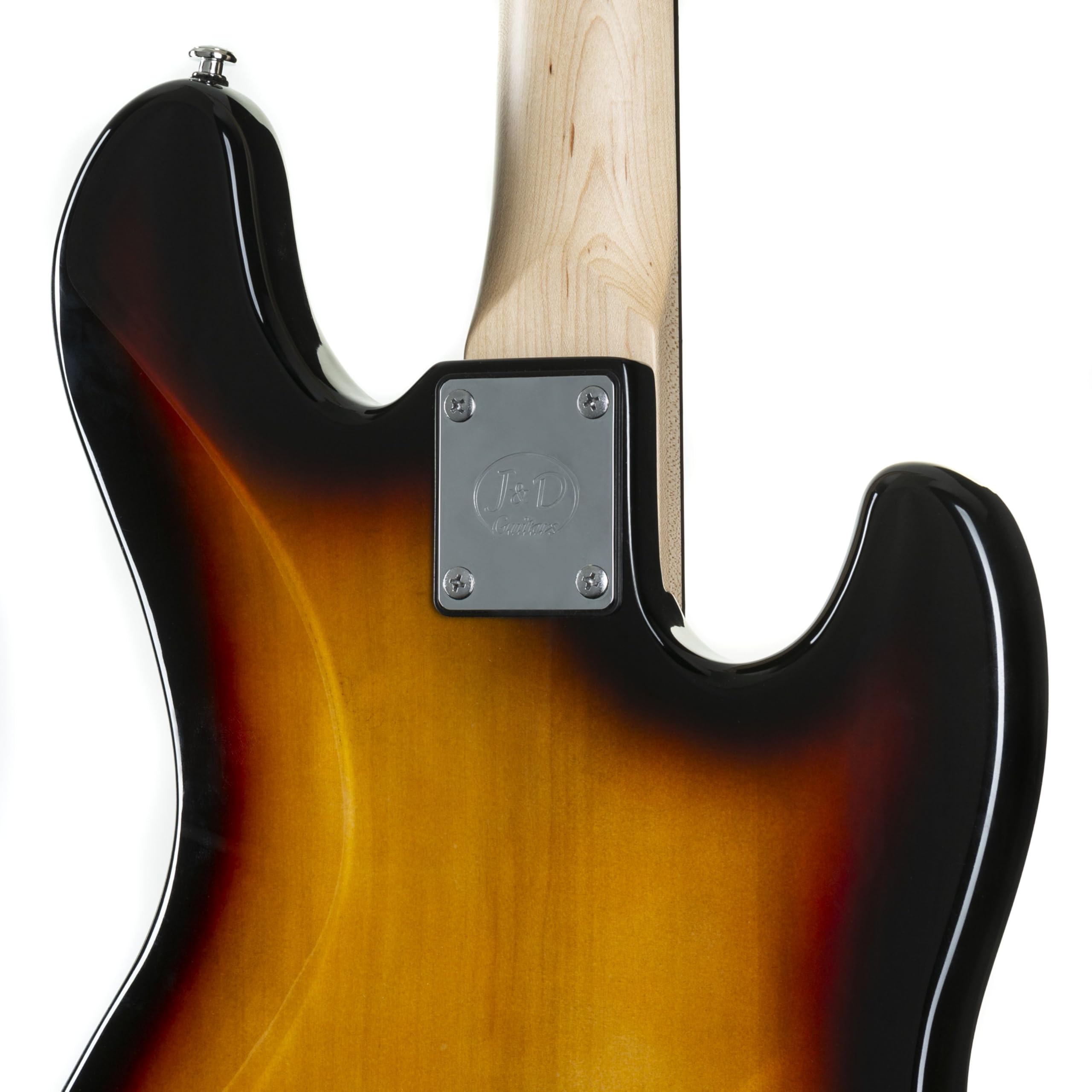 J & D JB E-Bass für Linkshänder, Bass mit Lindenkorpus und geschraubten Ahonhals in sunburst, Bassgitarre mit 2 Single Coils und Vintage-Style Bridge