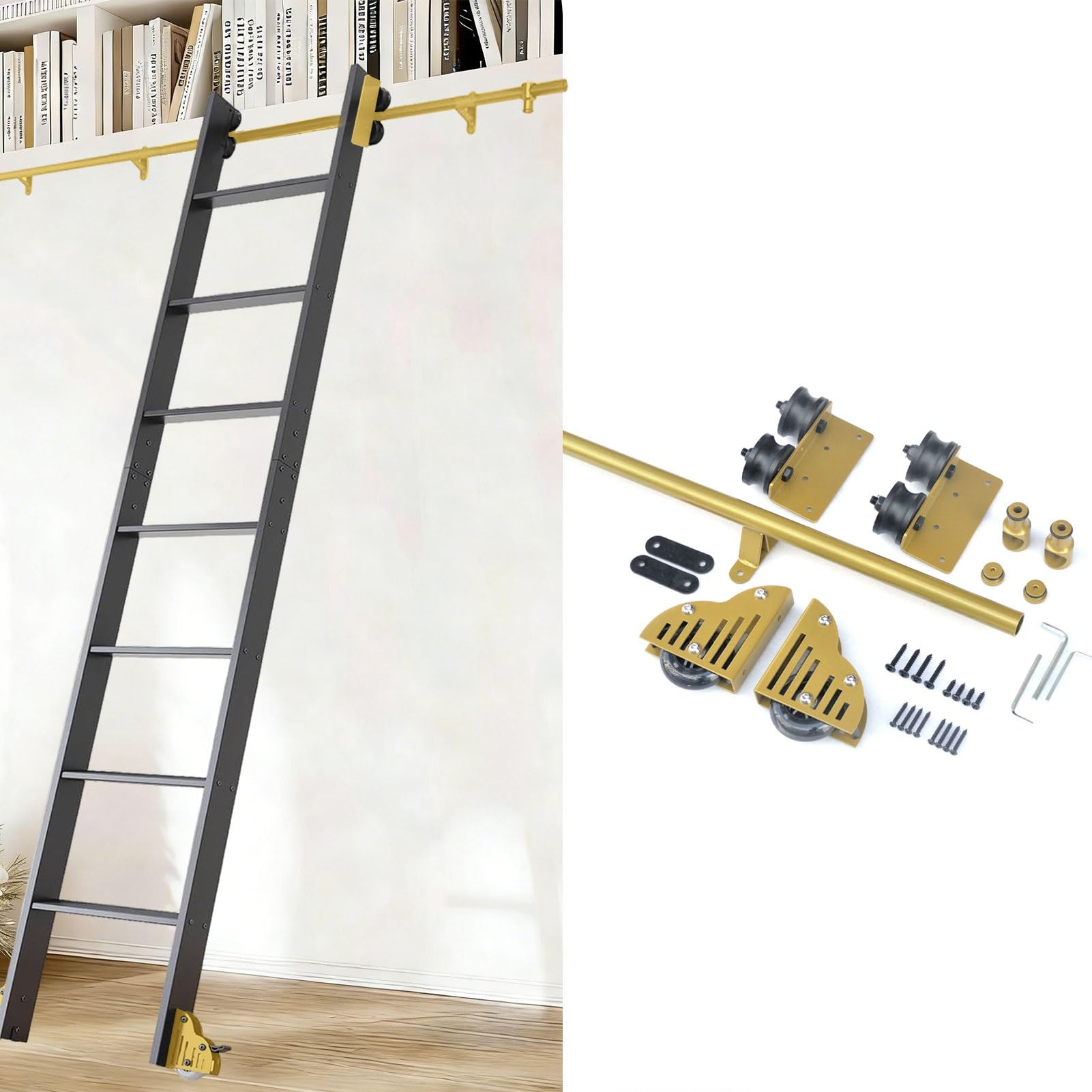 MRVAKDYDI Retractable Rolling Library Ladder Rails Kit, Carbon Steel Sliding Library Ladder Hardware Kit With Brake, 3.3-24ft, For Loft Attic Home(12ft/366cm Track kit)