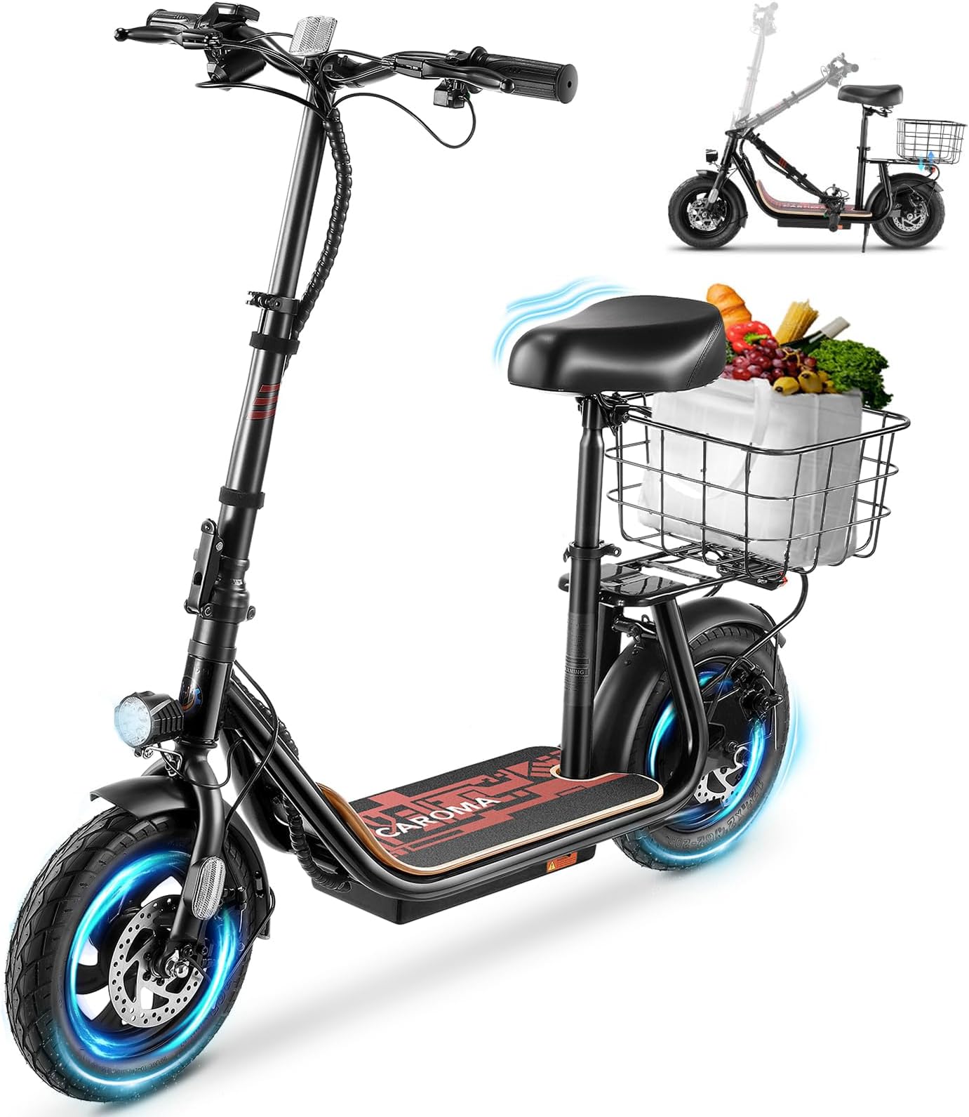 Caroma Peak 1200W Electric Scooter with Seat, 30 Miles Max Range, Electric Scooter Adults, Up to 20MPH Foldable Escooter with Basket,Key Start Adjustable E-Scooter