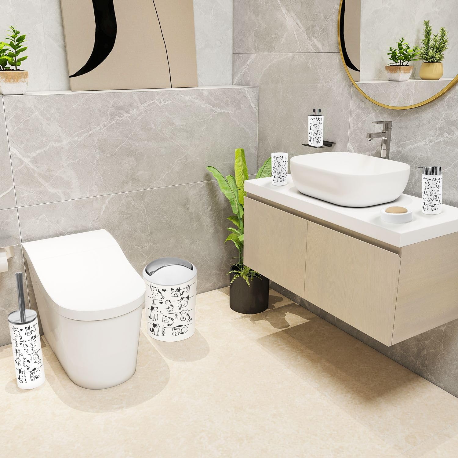 Bathroom Accessory Set 6 Piece Hanging Cute Cats Doodle Hand Drawn Toothbrush Cup Toothbrush Holder Soap Dispenser Soap Dish Trash Can with Lid Toilet Brush Holder Counter Decor