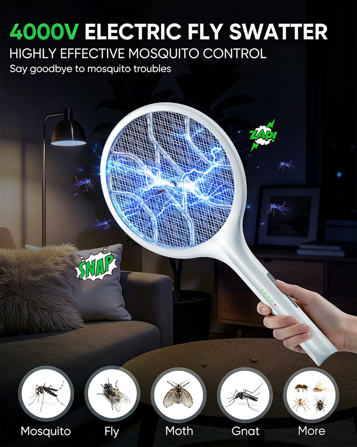 VIWAVE Raquette Moustique Électrique,Extra Forte 4000V Raquette Electrique Insectes avec UV,Raquette Anti Moustique Electrique Rechargeable 1800mAh USB-C,Base Stable,3 Couches de Sécurité – Blanche