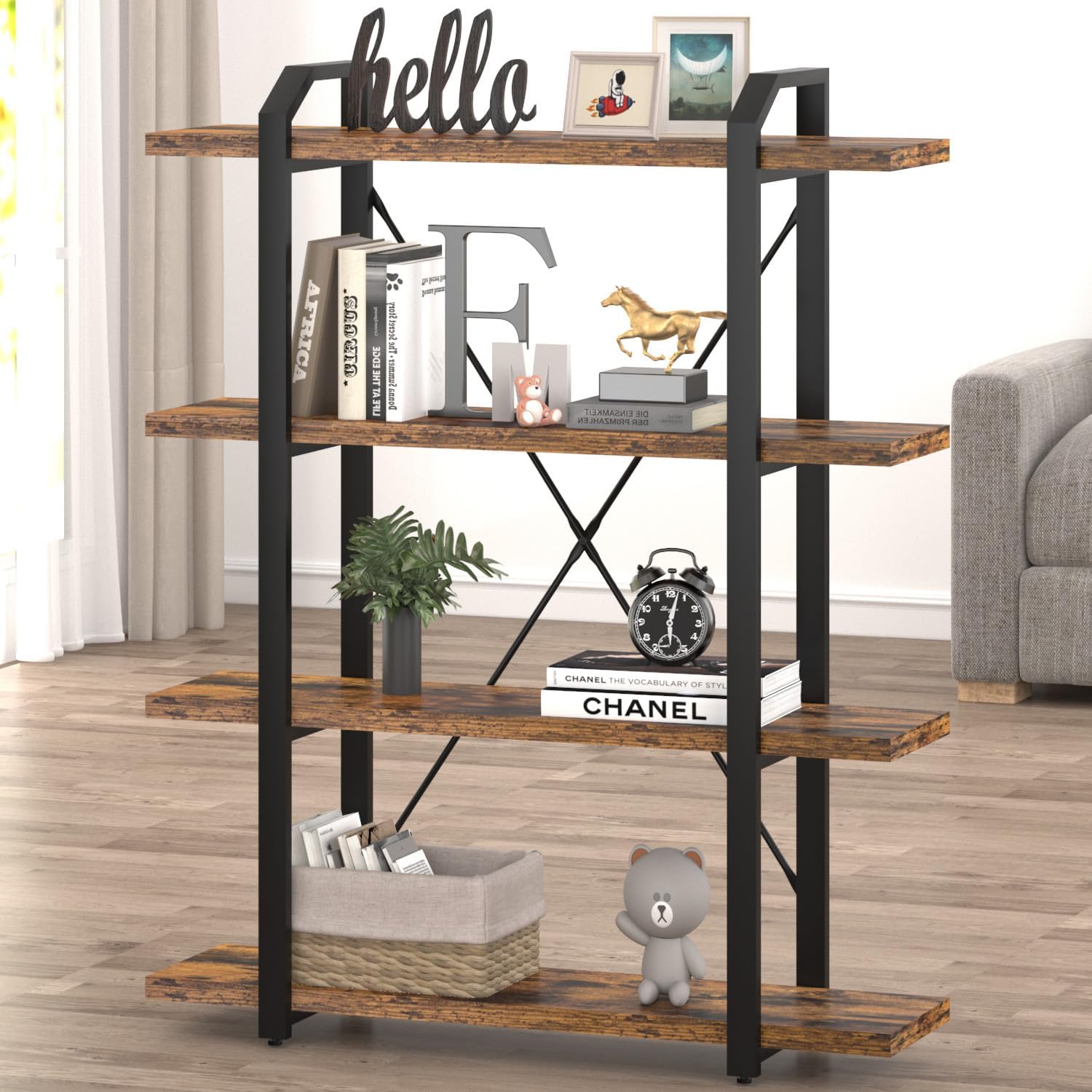FAVORTYPE Metal Book Shelf, Industrial Bookshelf for Bedroom, Black Open Bookcase