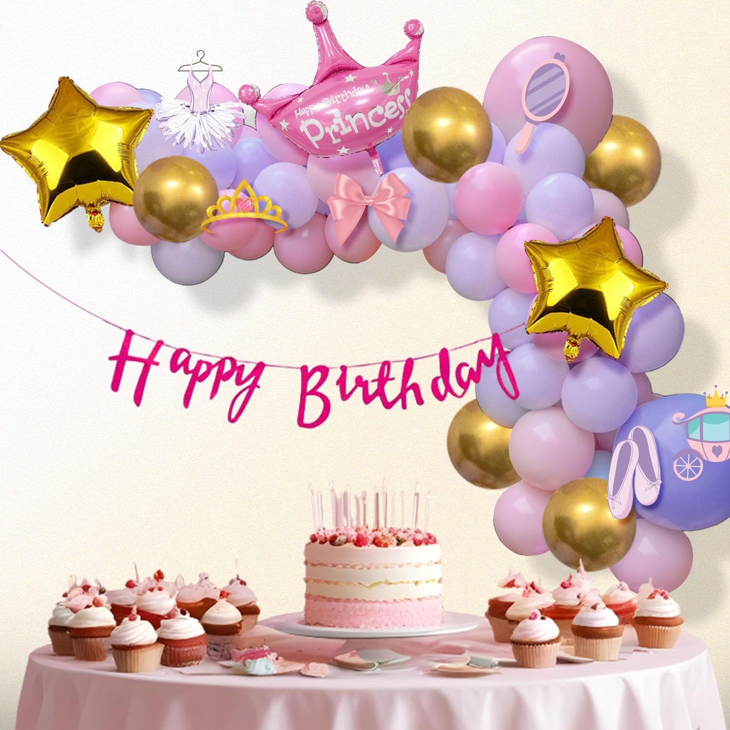 Party Propz Princess Theme Birthday Decoration - 50pcs, Princess Birthday Theme Decoration, Birthday Decoration Items For Girls, Star Foil Balloon, Pink Happy Birthday Banner (Cardstock, Latex, Foil)