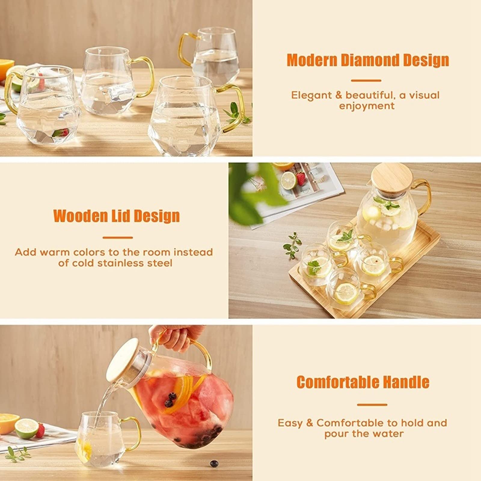 Karaffen Wasser Pigther Hitzebeständige Glaskaraffe mit Deckel mit 4 Tassen Wasserkanne in moderner Diamantdesigndekoration for das Wohnzimmer Wasserkaraffe