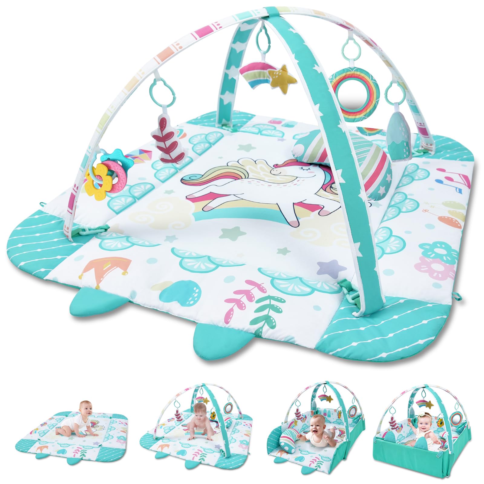 TFDER 5 in 1 Palestrina Neonato Multifunzione, tappeto gioco e vasca palline con lati, Giocattoli Staccabili,Stimola Sviluppo del Neonato con Tante Attività - Giochi Neonato 0+ Mesi,Bianco e verde