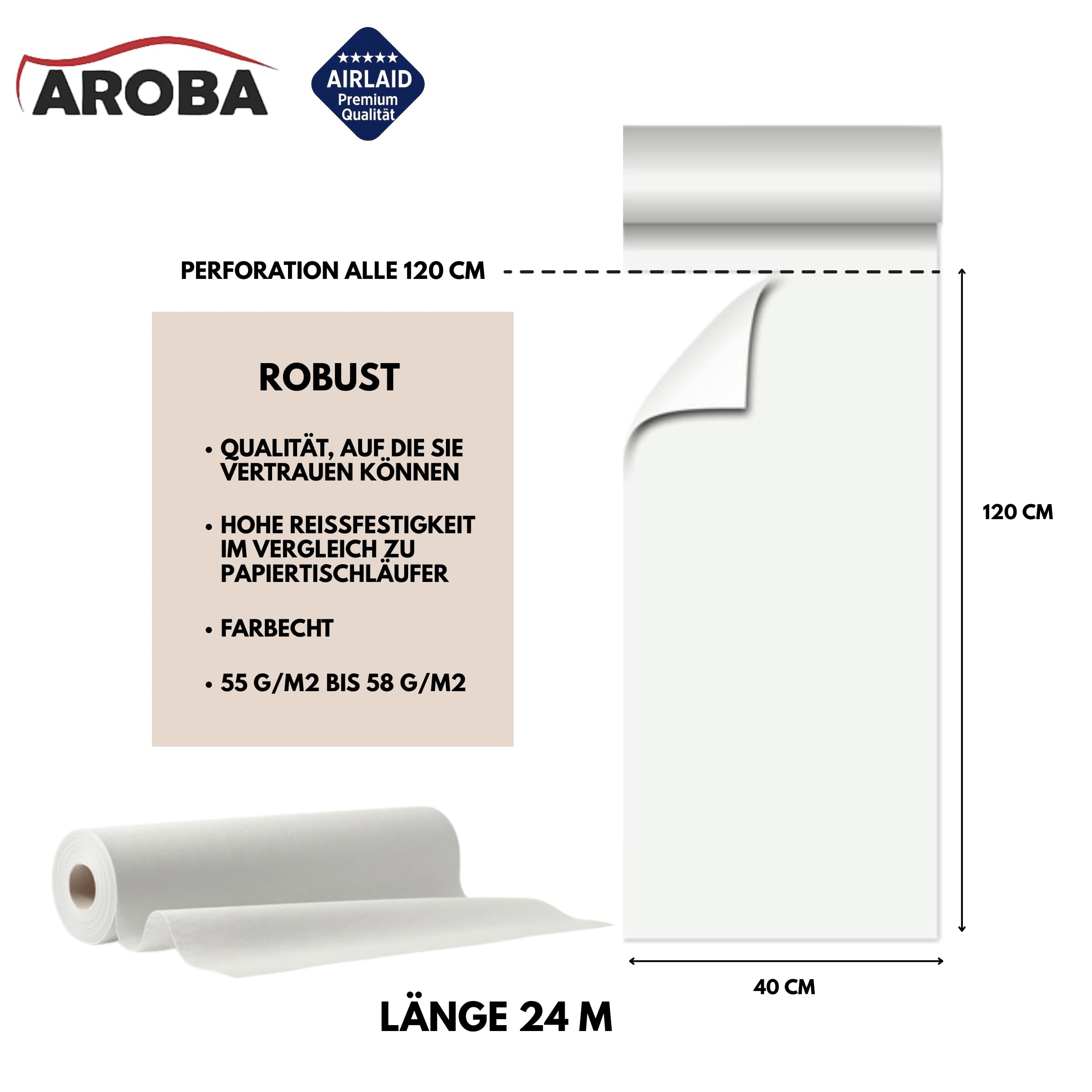 AROBA Airlaid Camino de mesa (6 unidades, 40 cm x 24 m), color blanco, 40 cm x 24 m, camino de mesa similar a la tela, decoración de mesa para hoteles, catering, cumpleaños, restaurantes, comuniones,