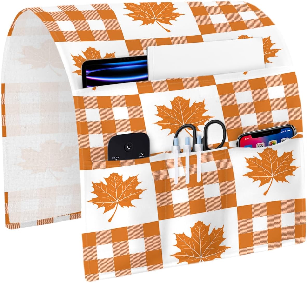 Fall Sofa Armrest Organizer Bedside Caddy Orange Lattice Table Armchair Couch Caddy with Pocket Remote Control Holder Maple Leaves Thanksgiving Arm Chair Caddy for Recliner Glasses Tablets 13"x35"