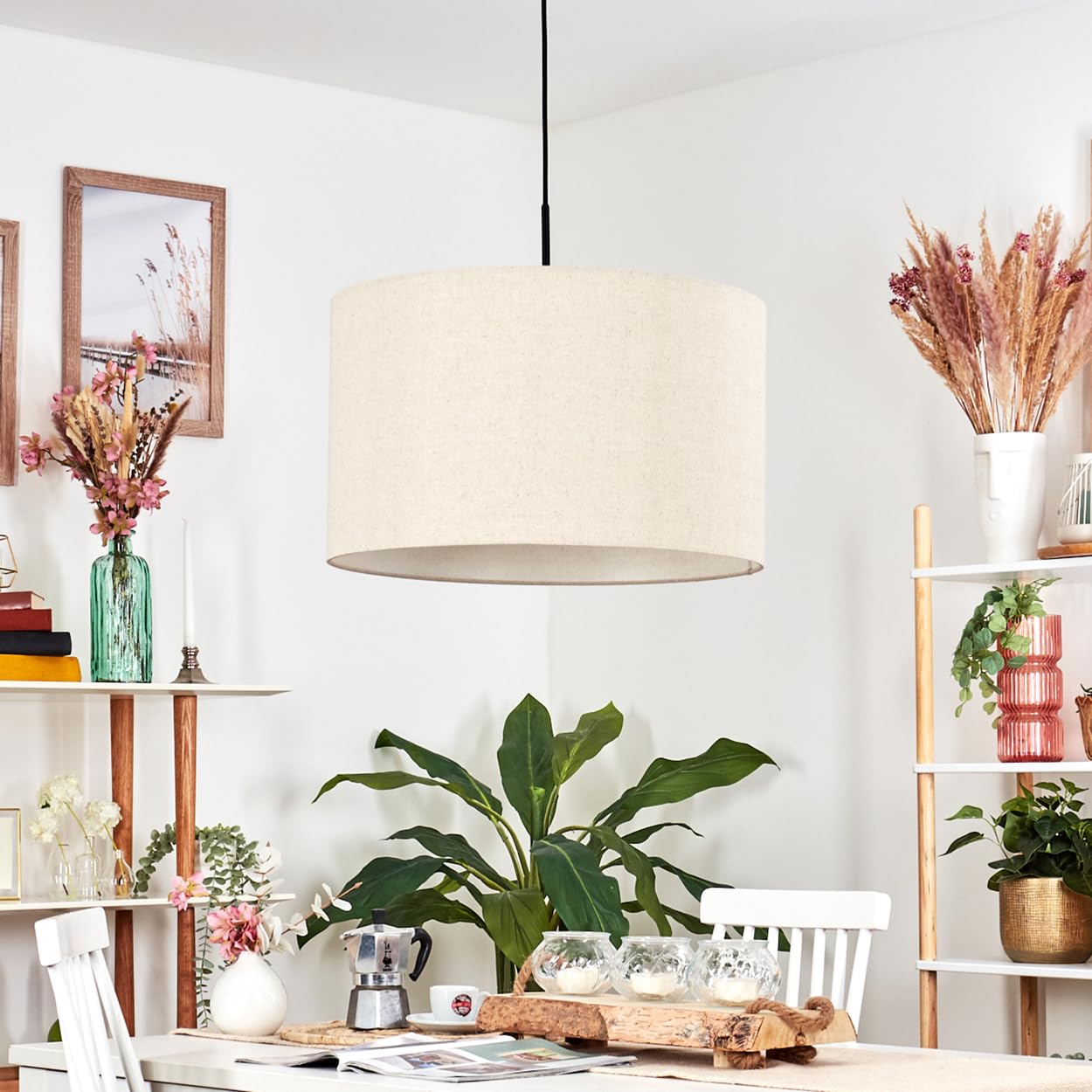 HOFSTEIN Hängeleuchte Flemming, Hängelampe aus Metall/Stoff in Schwarz/Beige/Weiß, moderne Pendelleuchte im modernen Design (Ø 50 cm), E27, Höhe max. 157 cm, Esszimmer, Wohnzimmer, Küche, Flur